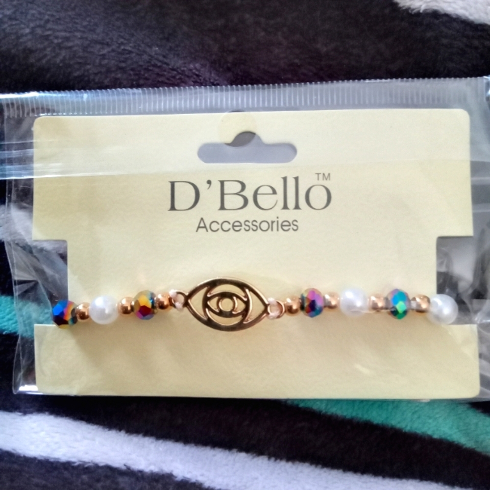 D'Bello Gold and Multicolor Beaded Bracelet With Evil Eye Bnwt In Package